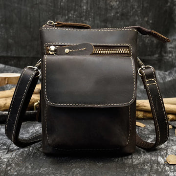 Xajzpa Men Vintage Genuine Leather Waist Pack Shoulder Strap Belt Bag Small Crazy Horse Leather Crossbody bag Belt Phone Pouch